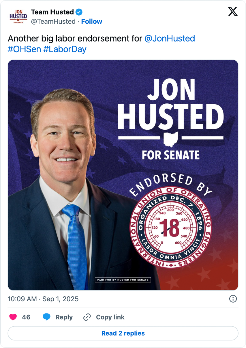 A screenshot from X of Team Husted announcing that the International Union of Operating Engineers, Local 18, endorses Senator Jon Husted