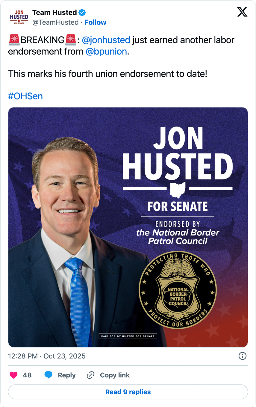 A screenshot of the National Border Patrol Council’s endorsement of Senator Jon Husted on X