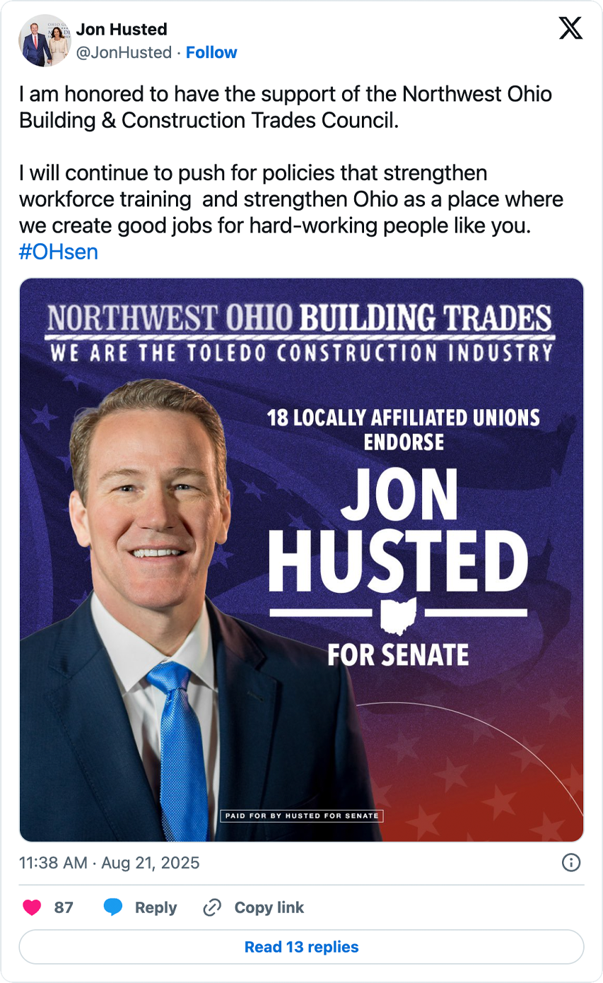A screenshot from X of Senator Jon Husted announcing that the Northwest Ohio Building & Construction Trades Council has endorsed him