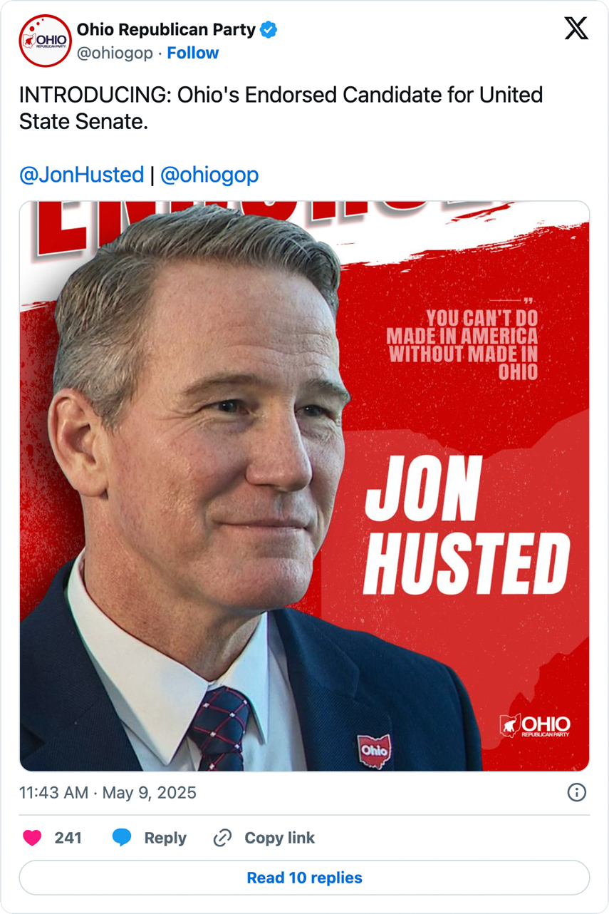A screenshot of the Ohio Republican Party’s endorsement of Senator Jon Husted on X
