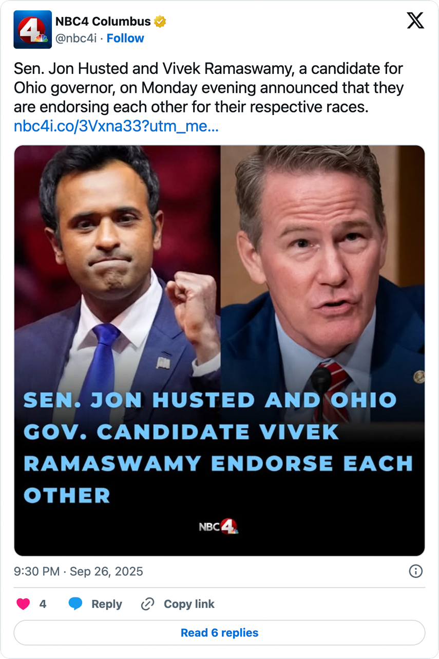 A screenshot from X of NBC4 Columbus reporting that Ohio gubernatorial candidate Vivek Ramaswamy endorses Senator Jon Husted
