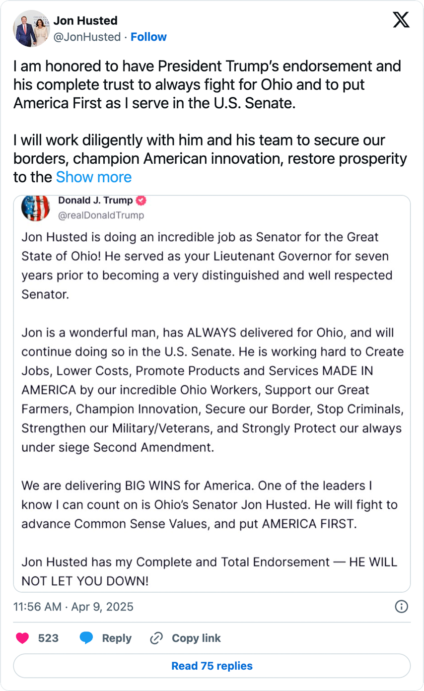A screenshot of Senator Jon Husted’s post on X accepting President Donald J. Trump’s endorsement