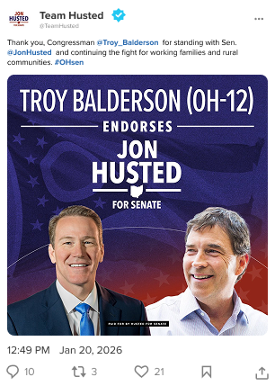 A screenshot of an X post by Team Husted announcing Congressman Troy Balderson’s endorsement of Senator Jon Husted