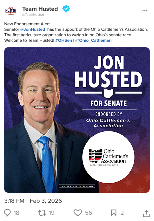 A screenshot of an X post by Team Husted announcing the Ohio Cattlemen’s Association’s endorsement of Senator Jon Husted