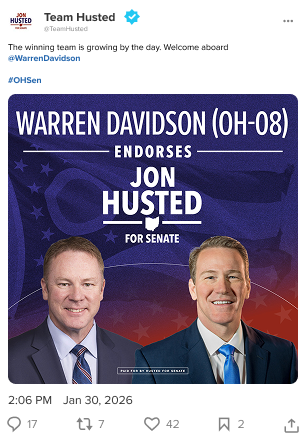 A screenshot of an X post by Team Husted announcing Congressman Warren Davidson’s endorsement of Senator Jon Husted
