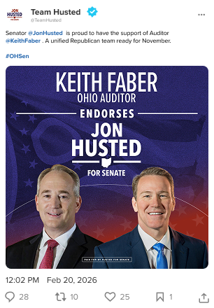 A screenshot of an X post by Team Husted announcing Ohio Auditor Keith Faber’s endorsement of Senator Jon Husted