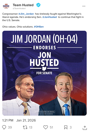 A screenshot of an X post by Team Husted announcing Congressman Jim Jordan’s endorsement of Senator Jon Husted