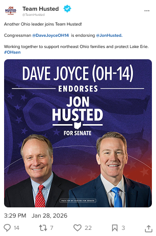 A screenshot of an X post by Team Husted announcing Congressman Dave Joyce’s endorsement of Senator Jon Husted