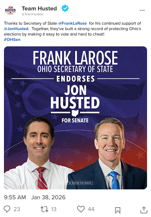 A screenshot of an X post by Team Husted announcing Ohio Secretary of State Frank LaRose’s endorsement of Senator Jon Husted