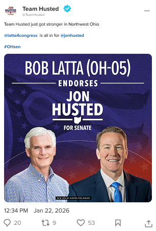 A screenshot of an X post by Team Husted announcing Congressman Bob Latta’s endorsement of Senator Jon Husted