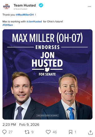 A screenshot of an X post by Team Husted announcing Congressman Max Miller’s endorsement of Senator Jon Husted
