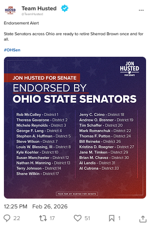 A screenshot from X listing Ohio State Senators who have endorsed Senator Jon Husted