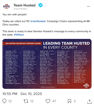 A screenshot of an X post by Team Husted announcing Senate Campaign Chairs for Senator Jon Husted