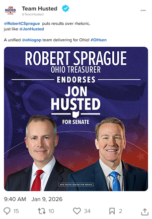 A screenshot of an X post by Team Husted announcing Ohio Treasurer Robert Sprague’s endorsement of Senator Jon Husted