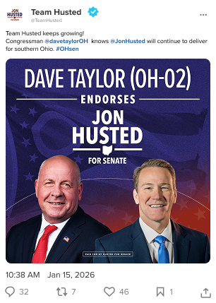 A screenshot of an X post by Team Husted announcing Congressman Dave Taylor’s endorsement of Senator Jon Husted