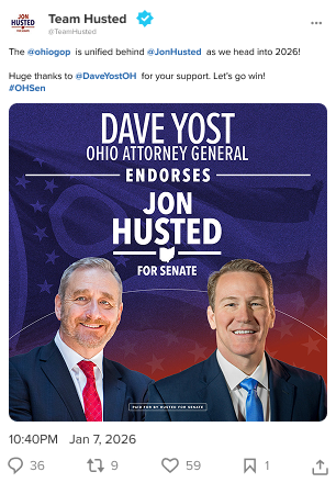 A screenshot of an X post by Team Husted announcing Ohio Attorney General Dave Yost’s endorsement of Senator Jon Husted