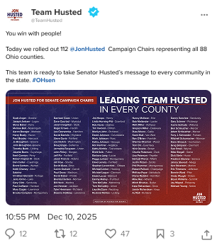 Team Husted post announcing 112 campaign chairs across 88 Ohio counties; banner reads 'Leading Team Husted in Every County'.